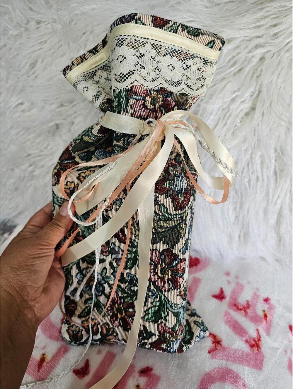 Vintage Homemade Keepsake Sack Bag Pouch Floral Lace Ribbons Multicolor 14.5X7 - Picture 10 of 11